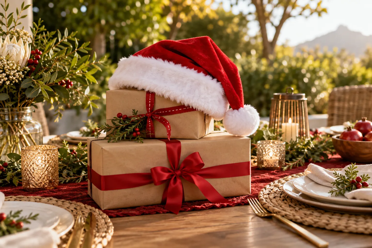 Red Santa hat and gift boxes arranged for a summer festive celebration